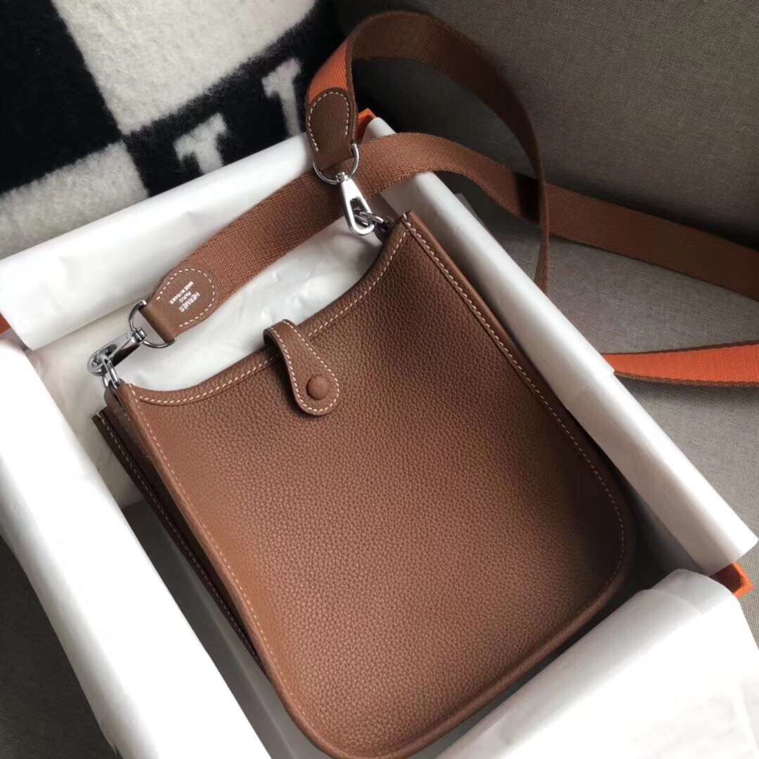 에르메스 미니 에블린16 골드브라운 은장 토고가죽